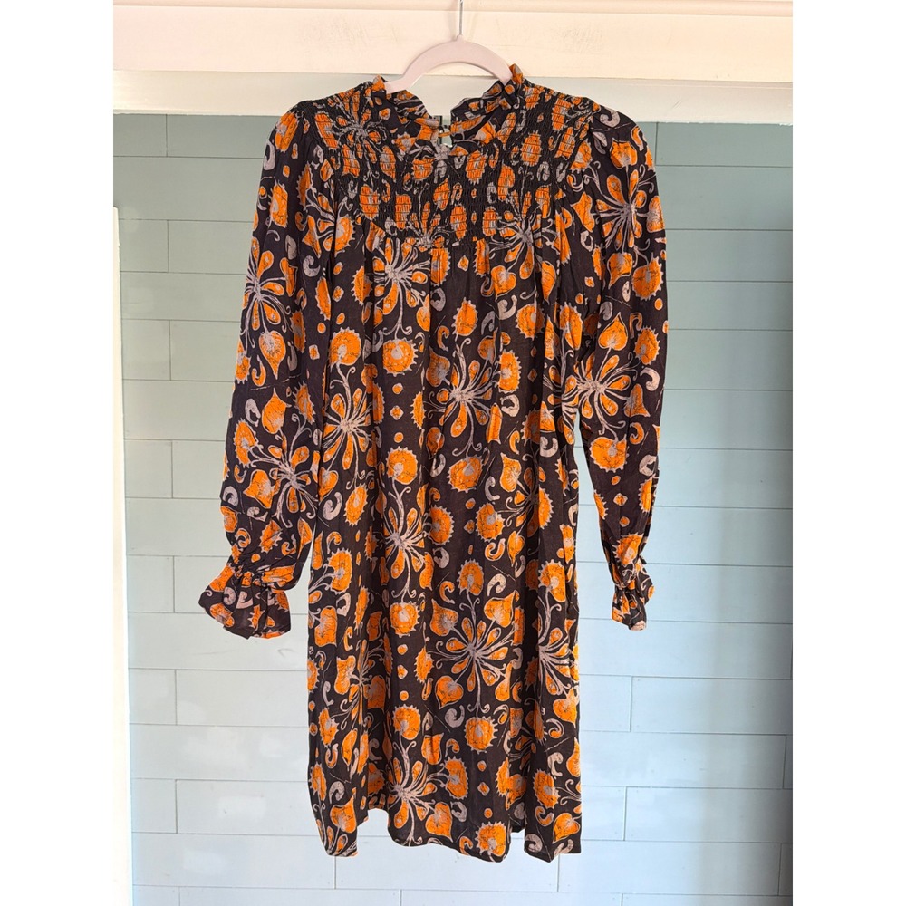 Porridge Clothing Orange Grey Floral Smocked Ruffle Mini Shift Dress Womens XS